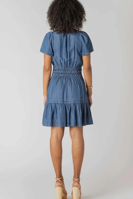 Woman wearing a blue denim dress on a plain background