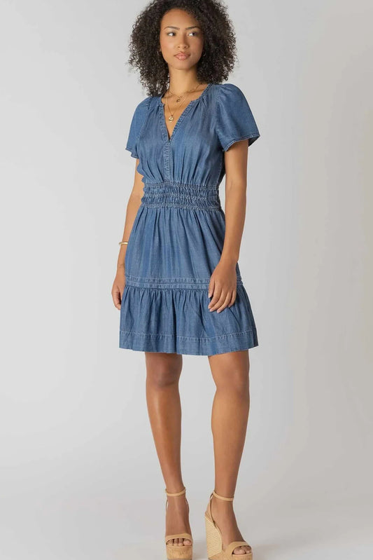 Woman wearing a blue dress on a white background