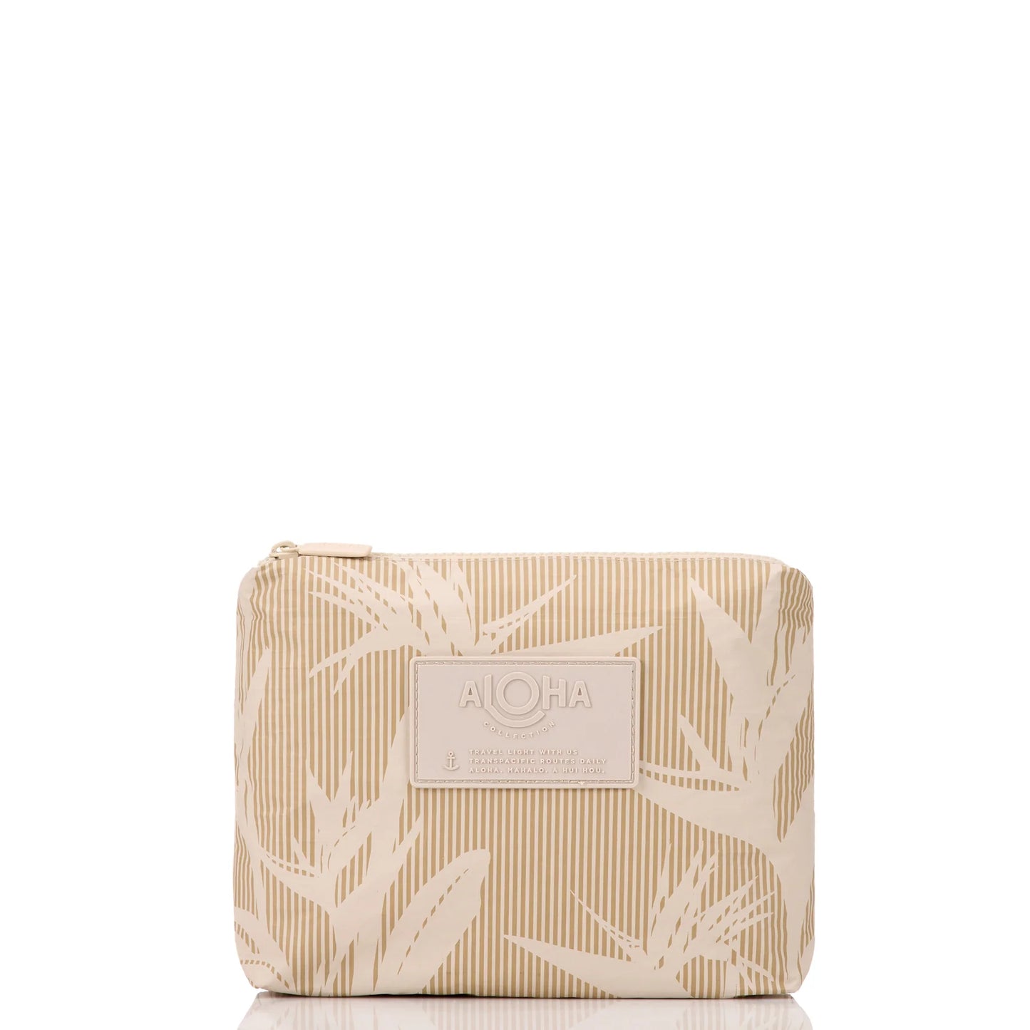 Beige pouch with leaf pattern and 'Aloha' label on a white background