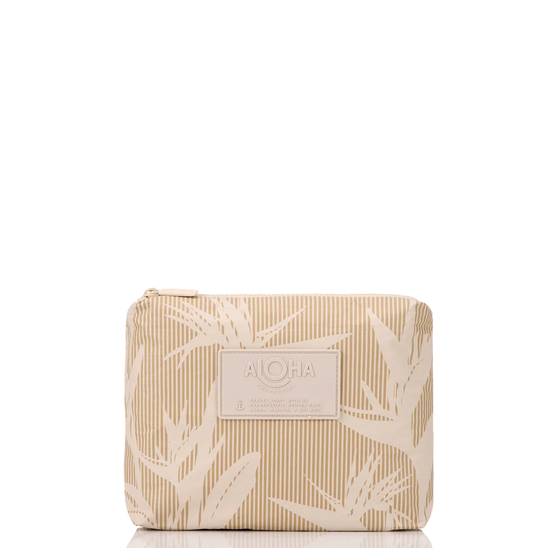 Beige pouch with leaf pattern and 'Aloha' label on a white background