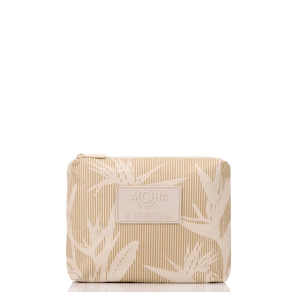 Beige pouch with leaf pattern and 'Aloha' label on a white background