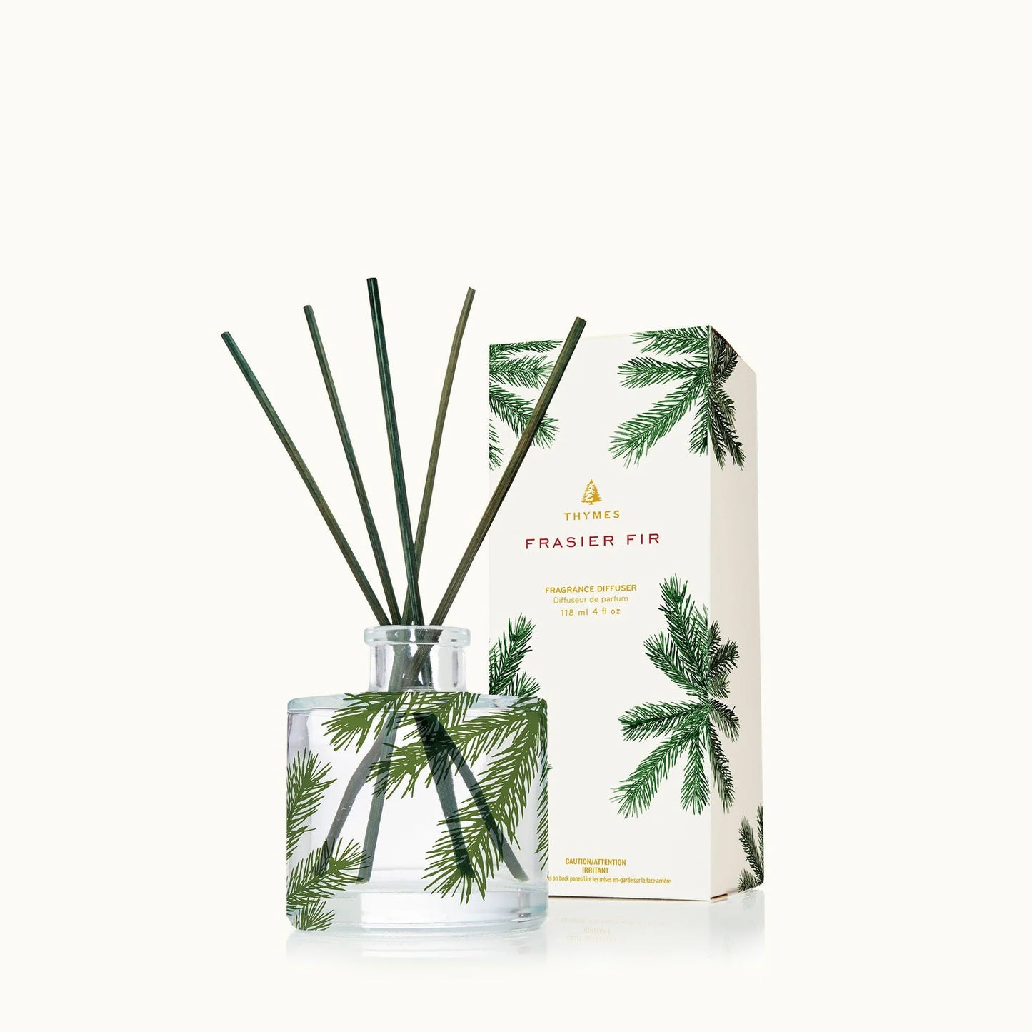 Frasier Fir diffuser set with glass bottle and packaging on a white background