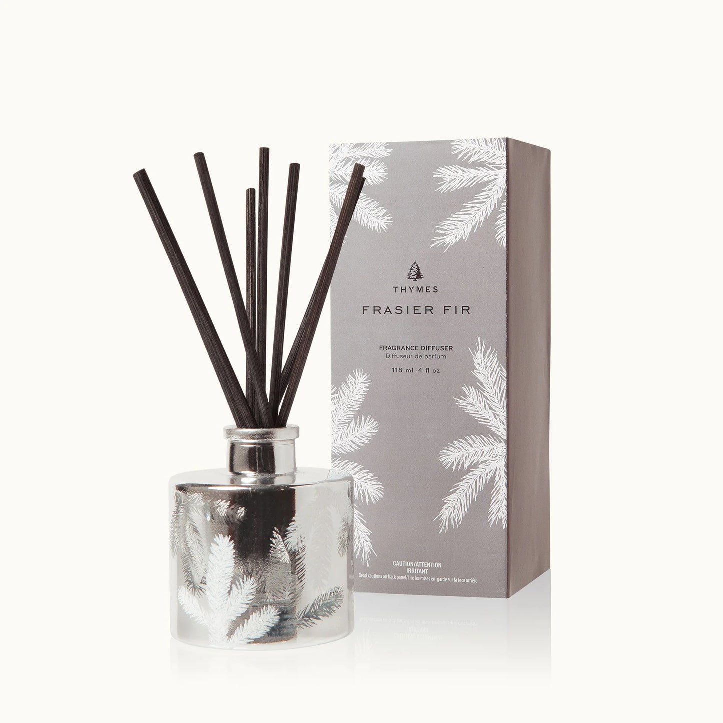 Thymes Frasier Fir fragrance diffuser with packaging on a white background