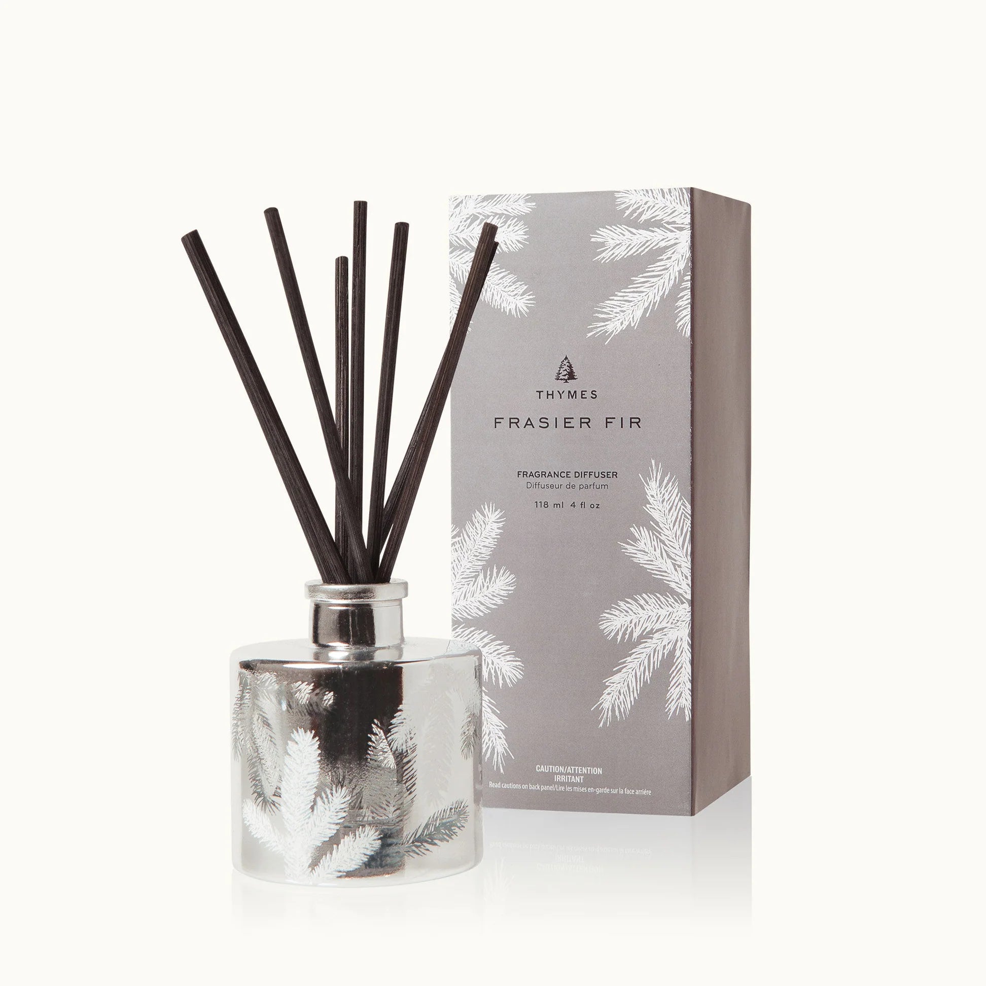 Thymes Frasier Fir fragrance diffuser with packaging on a white background