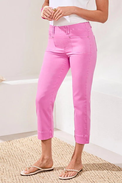 pink capris on woman with white top 