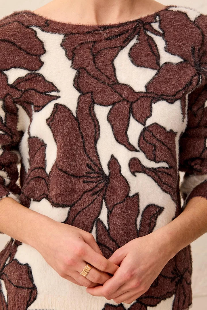 close up of brown floral sweater