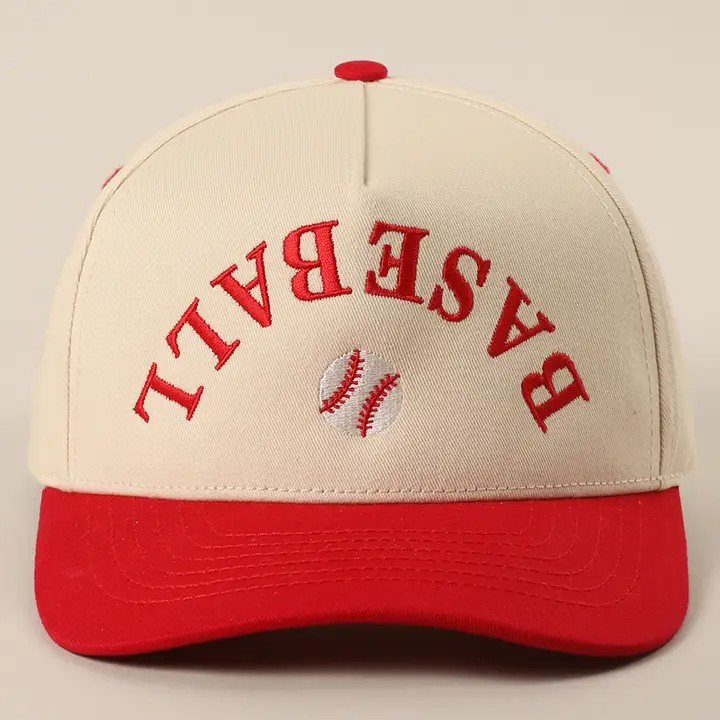 Baseball cap with 'BASEBALL' text and a baseball icon on a beige background