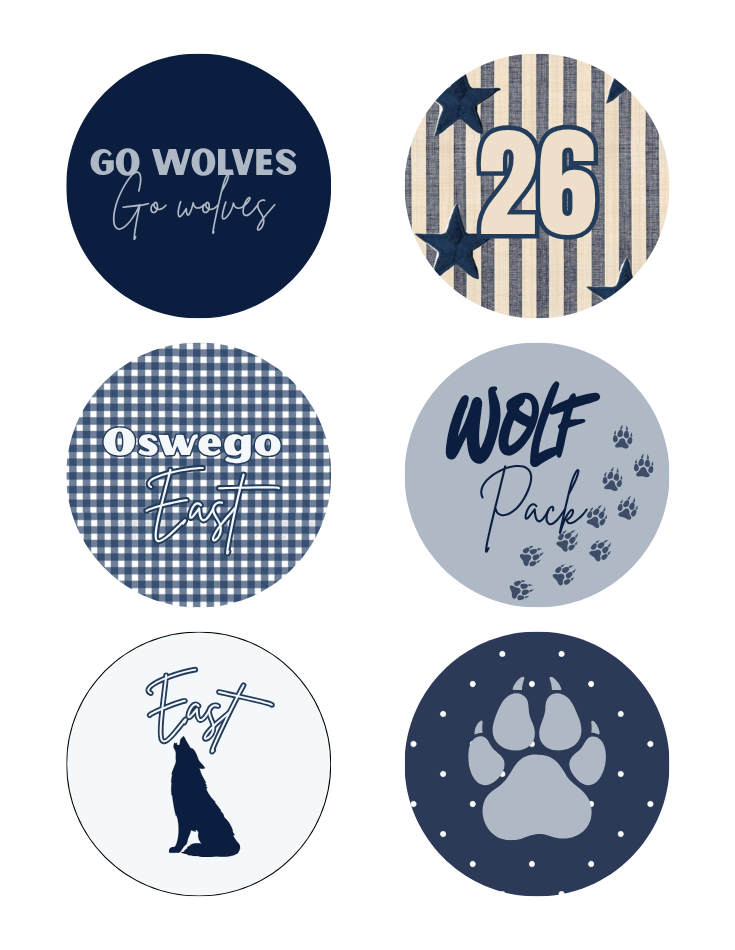 Six circular custom decals or stickers displayed in a 3x2 grid on a white background, featuring various sports team designs with navy blue, beige, and blue patterns including stripes, gingham, paw prints, and wolf silhouettes.